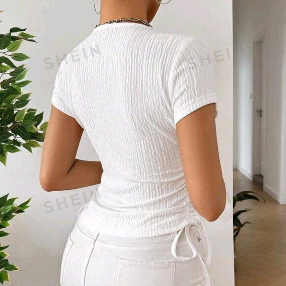 SHEIN EZwear Solid Color Wrap & Cinched Waist Shirt For Summer- XS - Picture 5 of 14